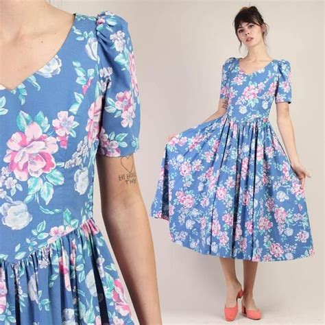 Laura Ashley Dress Retro Vintage 80s UK12 Blue Floral Long.